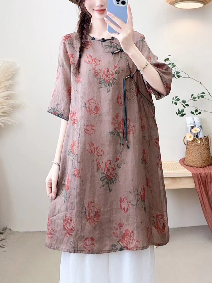 Women Summer Ethnic Flower Buckle O-Neck Ramie Dress CX023 BUYKUD