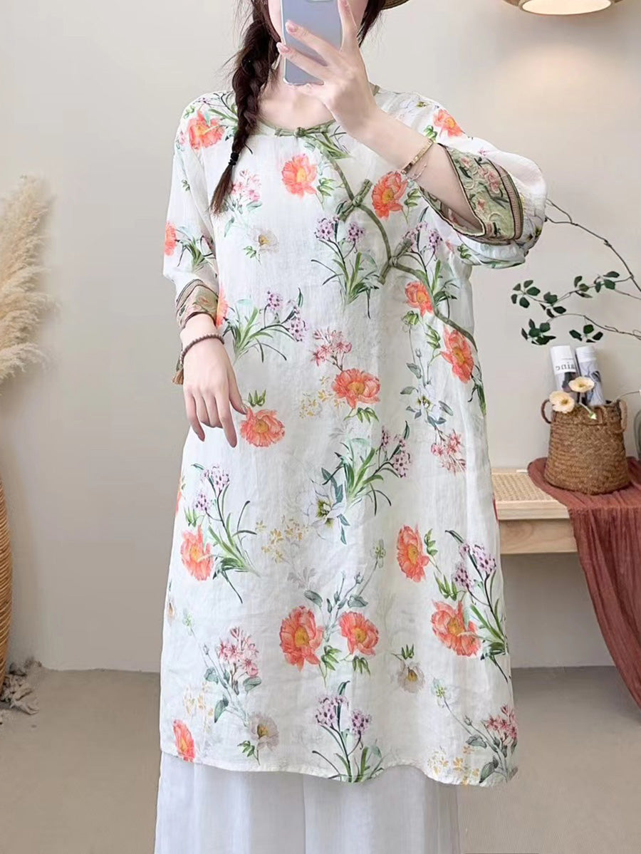 Women Summer Ethnic Flower Buckle O-Neck Ramie Dress CX023 BUYKUD