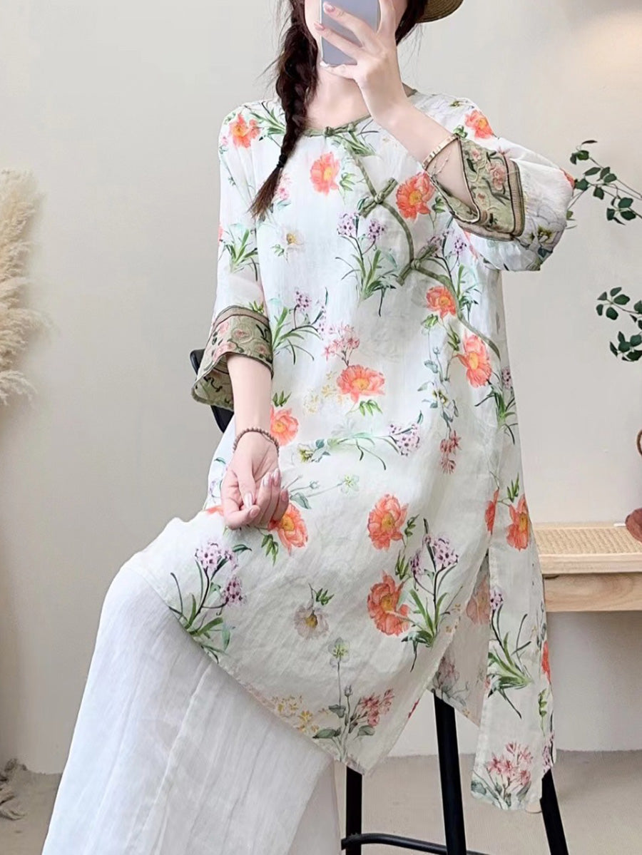 Women Summer Ethnic Flower Buckle O-Neck Ramie Dress CX023 BUYKUD