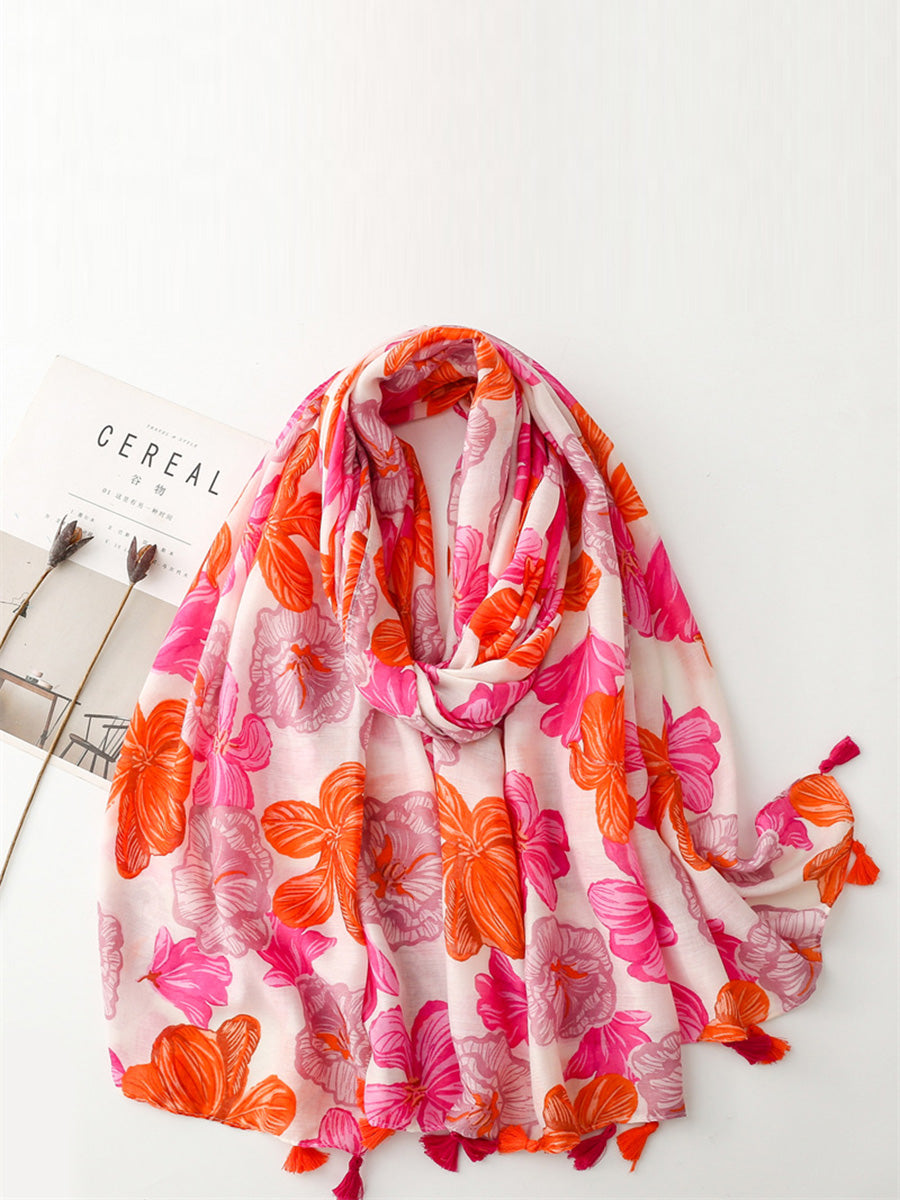 Spring Artsy Flower Print Tassel Shawl Scarf CX017 BUYKUD