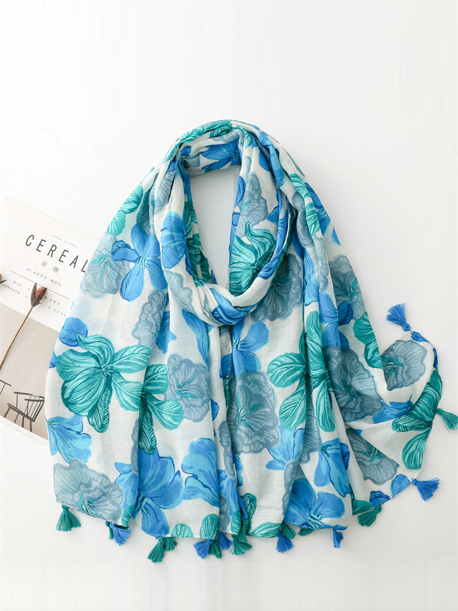 Spring Artsy Flower Print Tassel Shawl Scarf CX017 BUYKUD