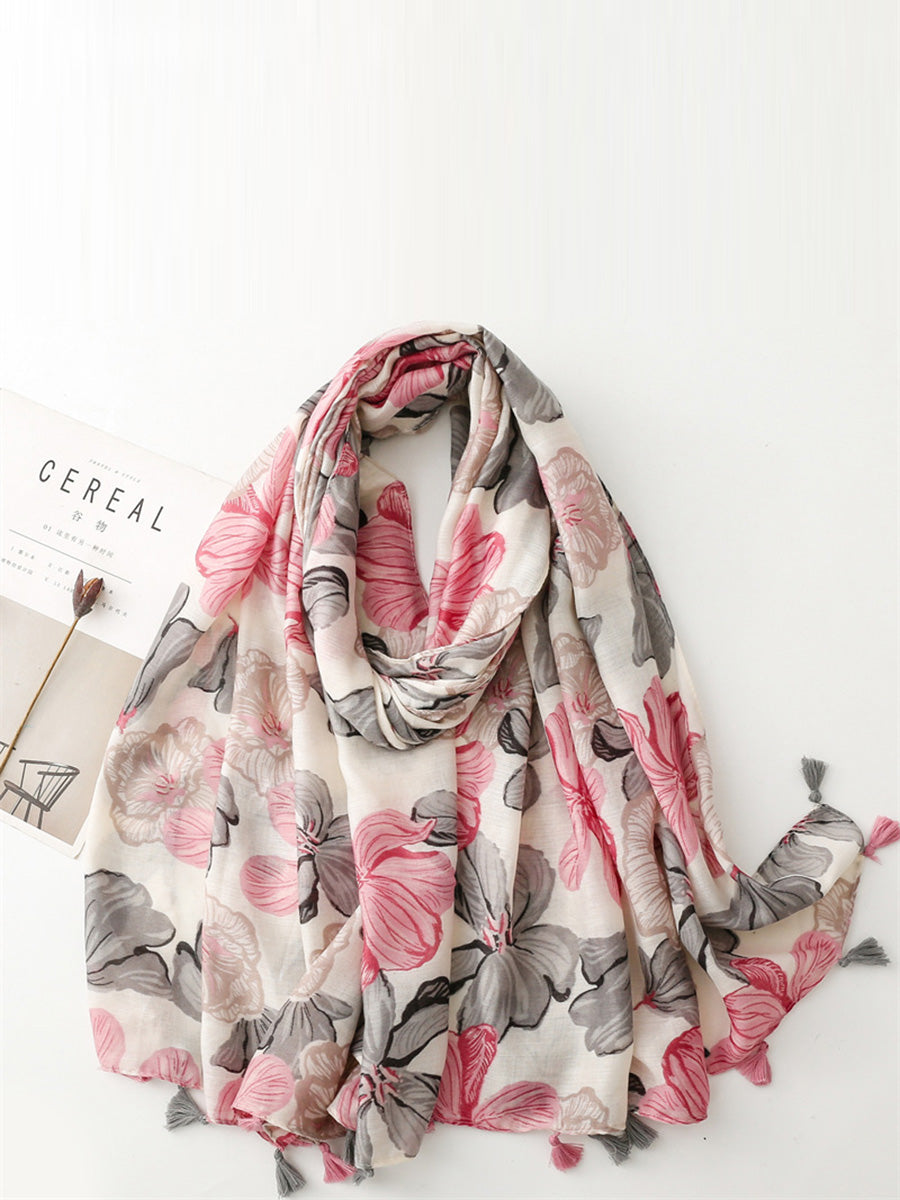 Spring Artsy Flower Print Tassel Shawl Scarf CX017 BUYKUD