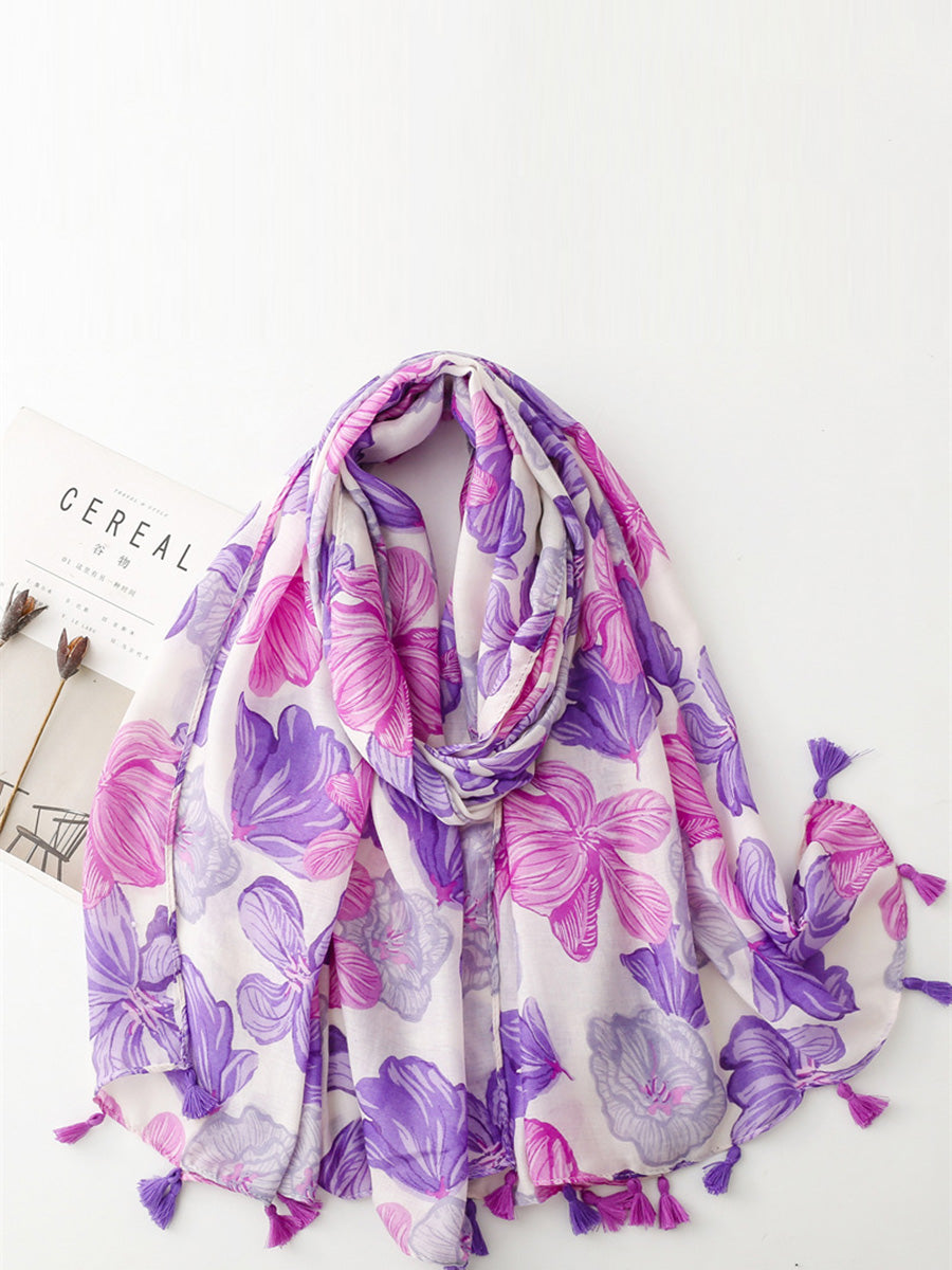 Spring Artsy Flower Print Tassel Shawl Scarf CX017 BUYKUD