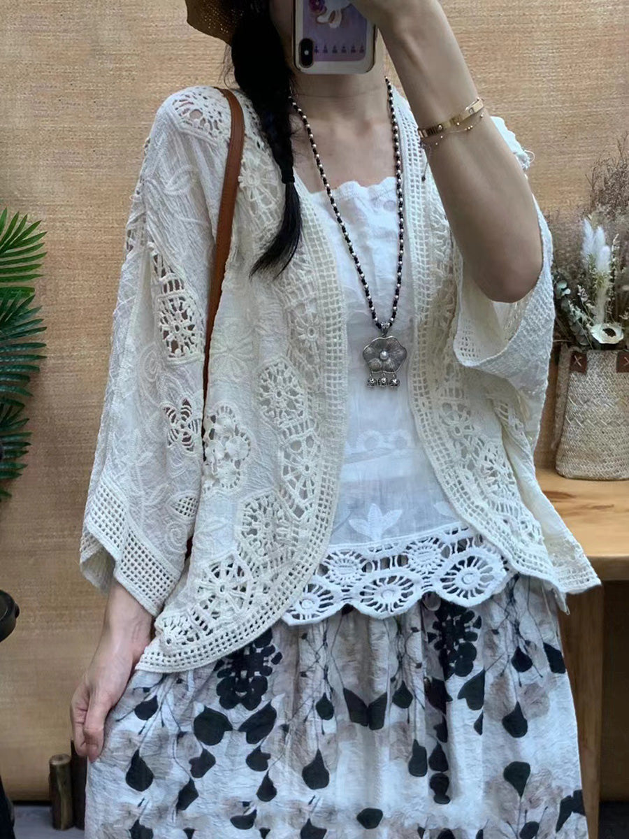 Women Summer Artsy Solid Flower Embroidery Cotton Shirt Coat CX027 BUYKUD