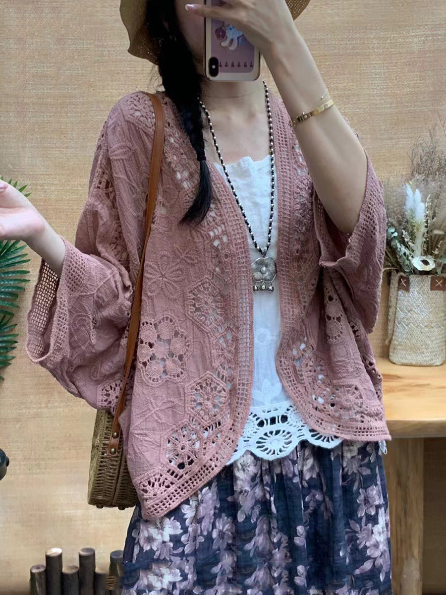 Women Summer Artsy Solid Flower Embroidery Cotton Shirt Coat CX027 BUYKUD