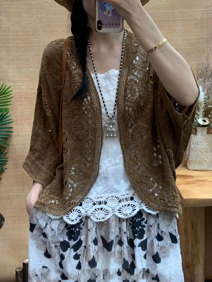 Women Summer Artsy Solid Flower Embroidery Cotton Shirt Coat CX027 BUYKUD