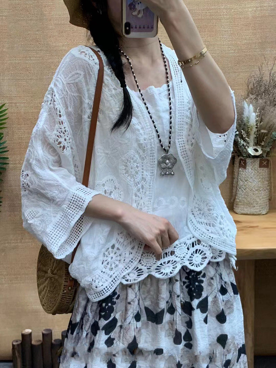 Women Summer Artsy Solid Flower Embroidery Cotton Shirt Coat CX027 BUYKUD