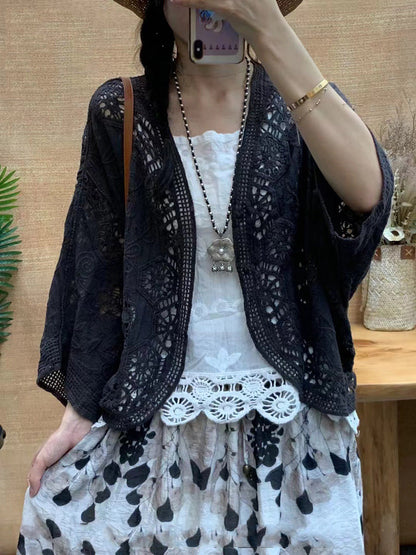 Women Summer Artsy Solid Flower Embroidery Cotton Shirt Coat CX027 BUYKUD