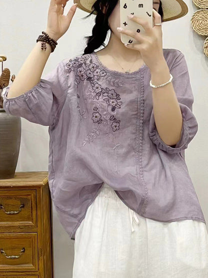 Women Summer Artsy Flower Embroidery Ramie Pullover Shirt CX028 BUYKUD
