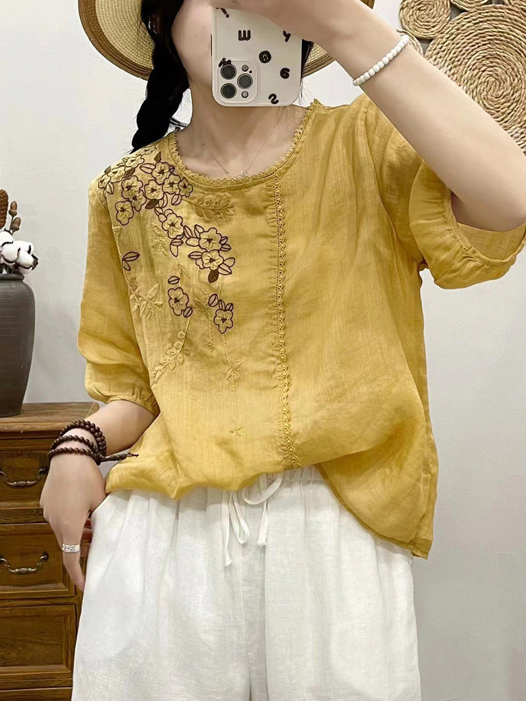 Women Summer Artsy Flower Embroidery Ramie Pullover Shirt CX028 BUYKUD