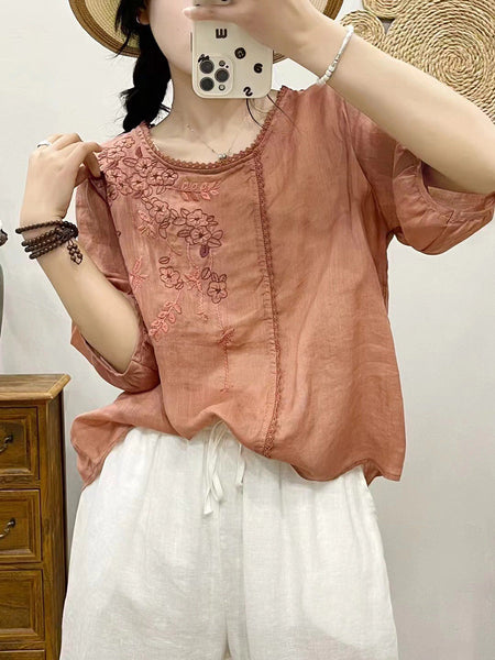 Women Summer Artsy Flower Embroidery Ramie Pullover Shirt CX028 BUYKUD