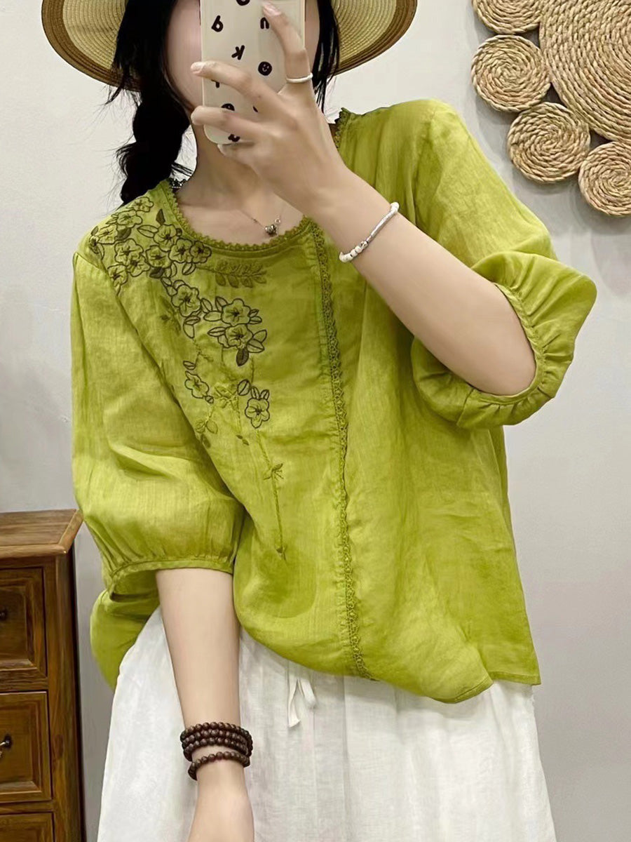Women Summer Artsy Flower Embroidery Ramie Pullover Shirt CX028 BUYKUD