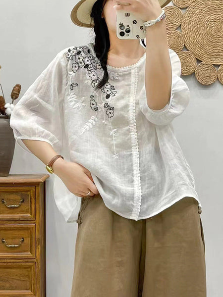 Women Summer Artsy Flower Embroidery Ramie Pullover Shirt CX028 BUYKUD