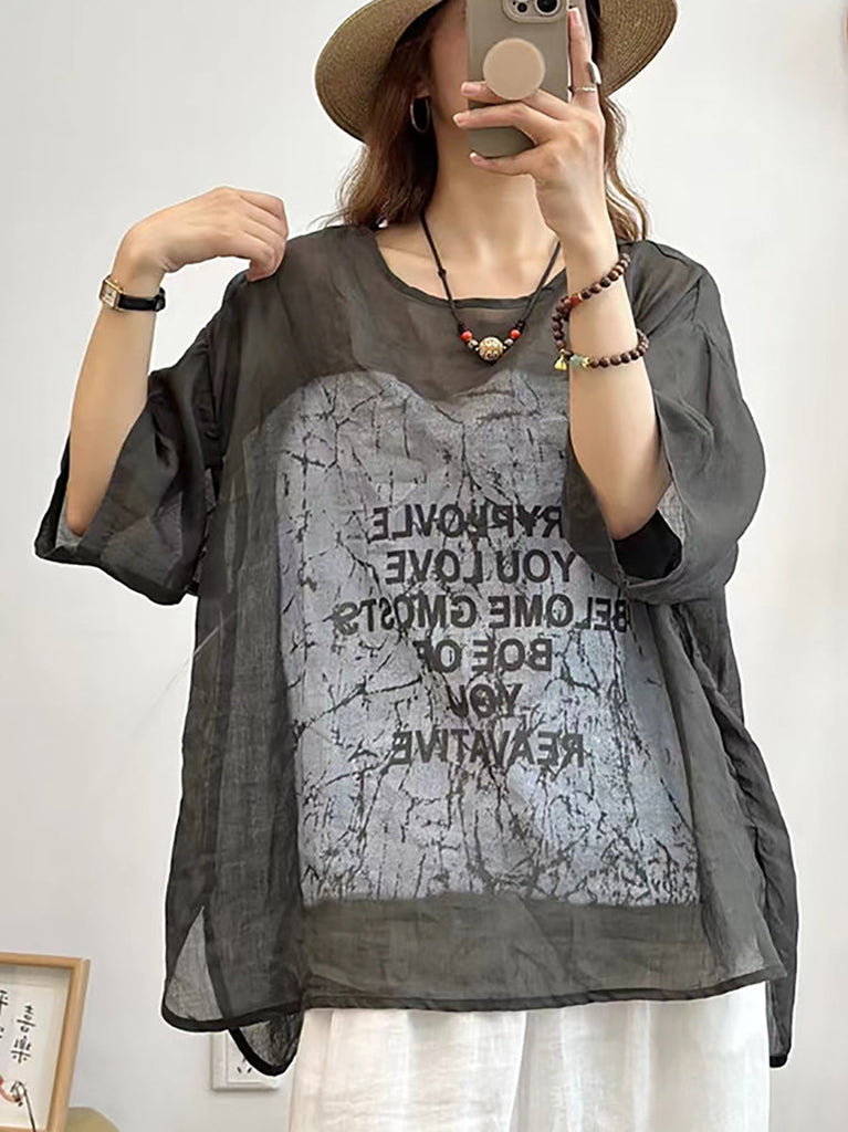 Women Summer Casual Letter Print O-Neck Linen Shirt CX034 QYZY