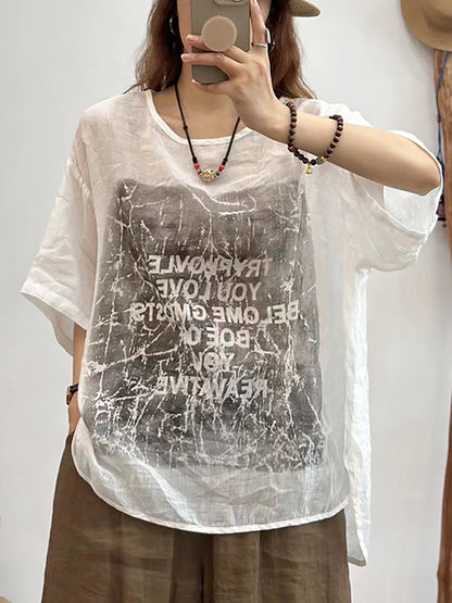 Women Summer Casual Letter Print O-Neck Linen Shirt CX034 QYZY