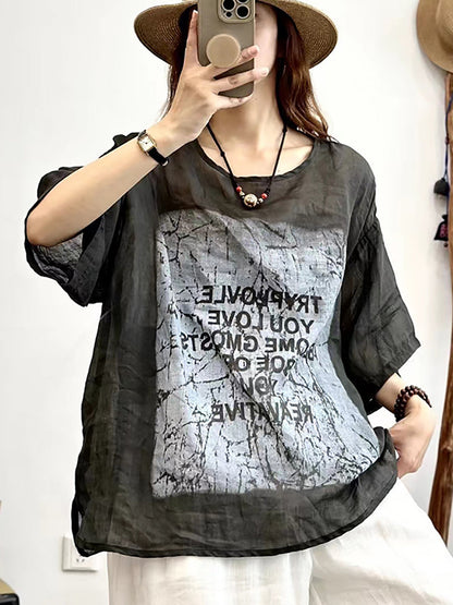 Women Summer Casual Letter Print O-Neck Linen Shirt CX034 QYZY