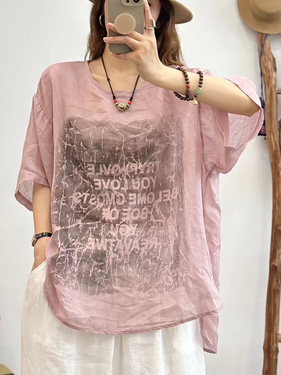 Women Summer Casual Letter Print O-Neck Linen Shirt CX034 QYZY