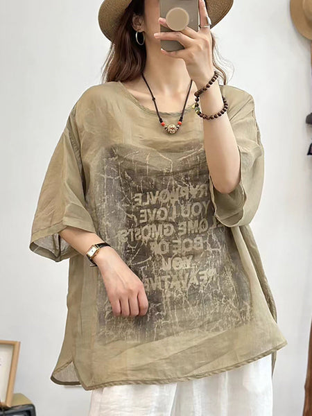Women Summer Casual Letter Print O-Neck Linen Shirt CX034 QYZY