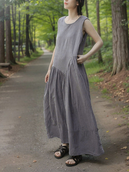 Women Retro Summer Solid Cotton Spliced O-Neck Vest Dress CX046 BUYKUD