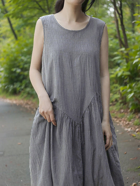Women Retro Summer Solid Cotton Spliced O-Neck Vest Dress CX046 BUYKUD