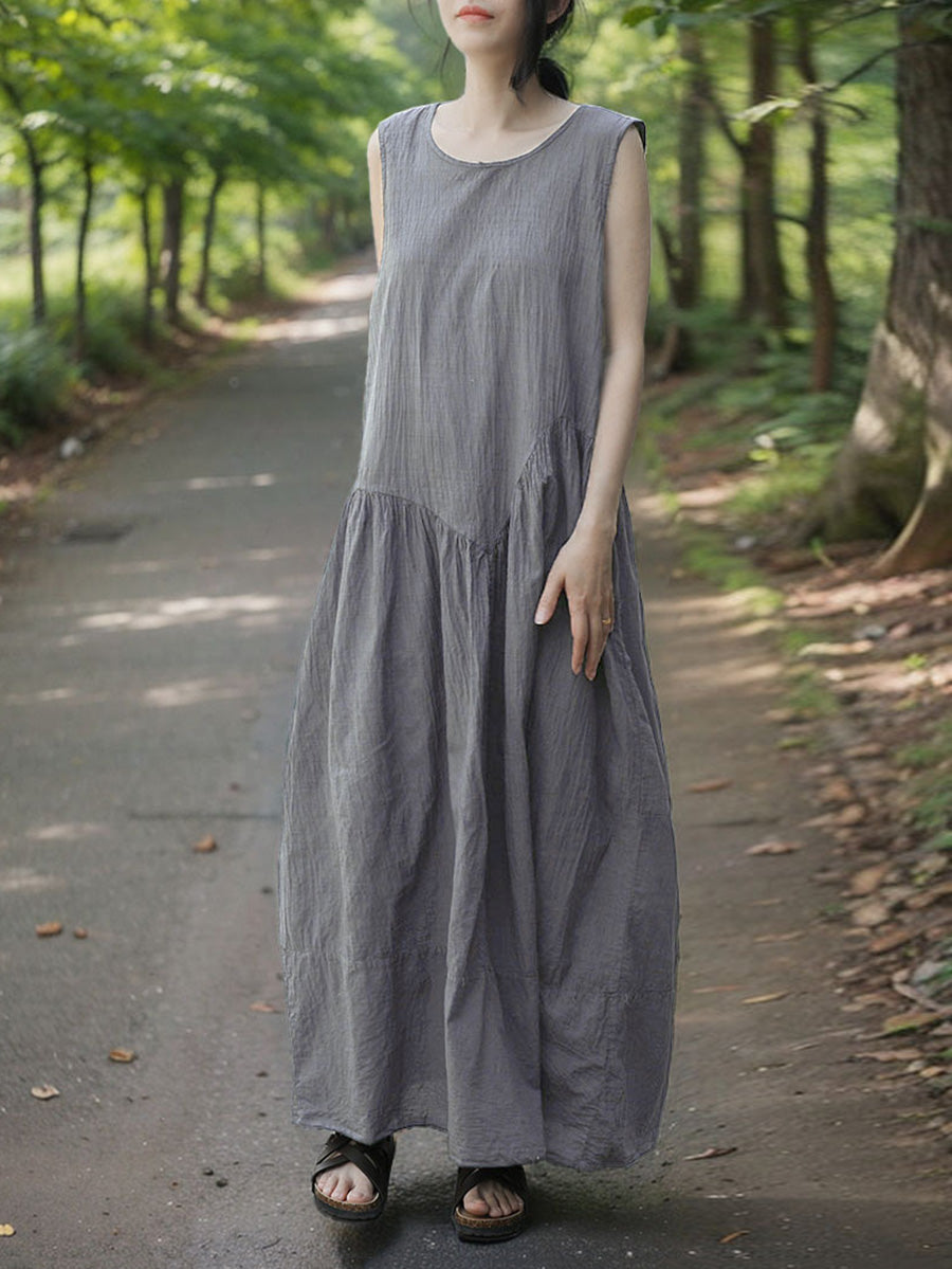 Women Retro Summer Solid Cotton Spliced O-Neck Vest Dress CX046 BUYKUD
