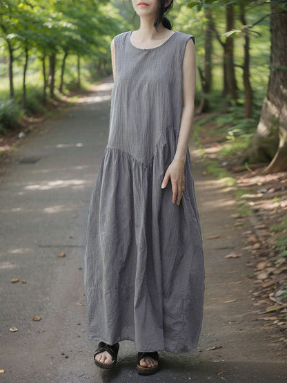 Women Retro Summer Solid Cotton Spliced O-Neck Vest Dress CX046 BUYKUD