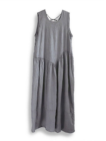 Women Retro Summer Solid Cotton Spliced O-Neck Vest Dress CX046 BUYKUD