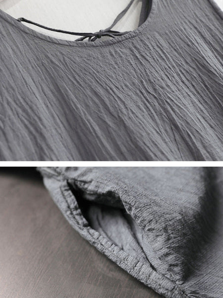 Women Retro Summer Solid Cotton Spliced O-Neck Vest Dress CX046 BUYKUD