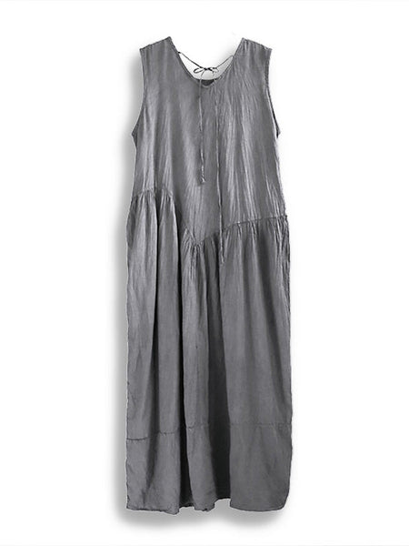 Women Retro Summer Solid Cotton Spliced O-Neck Vest Dress CX046 BUYKUD