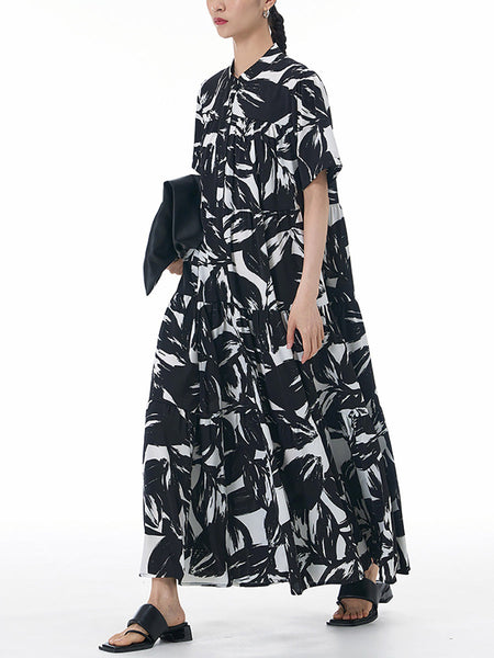 Women Artsy Flower Colorblock Loose Tiered Dress CX048 BUYKUD