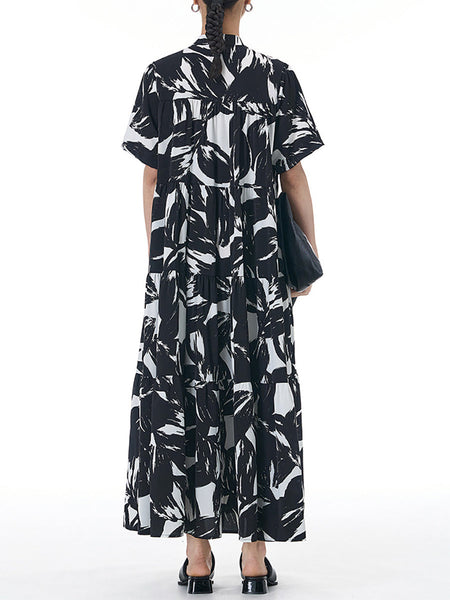 Women Artsy Flower Colorblock Loose Tiered Dress CX048 BUYKUD