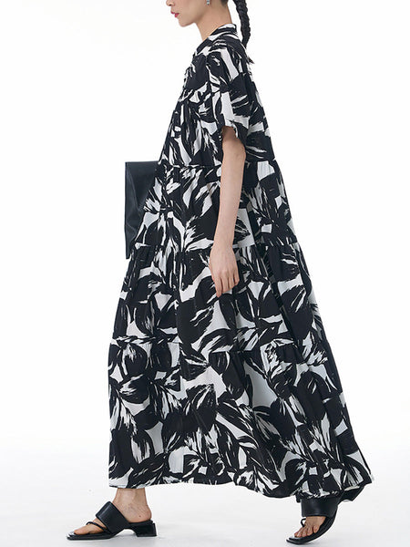 Women Artsy Flower Colorblock Loose Tiered Dress CX048 BUYKUD