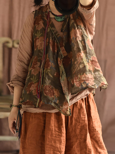 Women Summer Vintage Flower Stitching V-Neck Vest CX053 BUYKUD