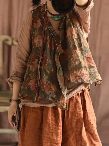 Women Summer Vintage Flower Stitching V-Neck Vest CX053 BUYKUD