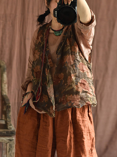 Women Summer Vintage Flower Stitching V-Neck Vest CX053 BUYKUD