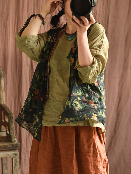 Women Summer Vintage Flower Stitching V-Neck Vest CX053 BUYKUD