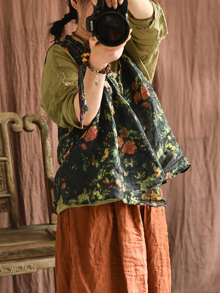 Women Summer Vintage Flower Stitching V-Neck Vest CX053 BUYKUD
