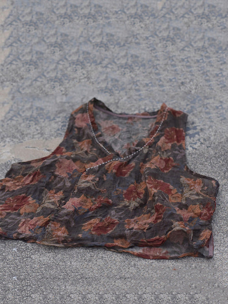 Women Summer Vintage Flower Stitching V-Neck Vest CX053 BUYKUD