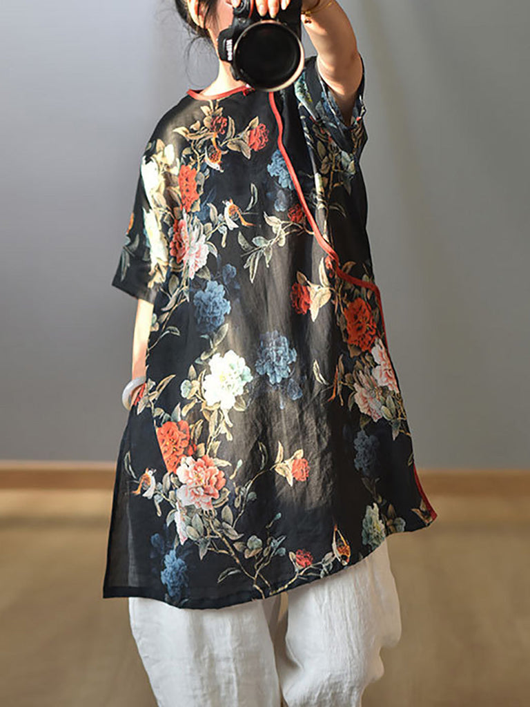 Women Summer Retro 100% Ramie Floral Print Shirt CX038 QYMM