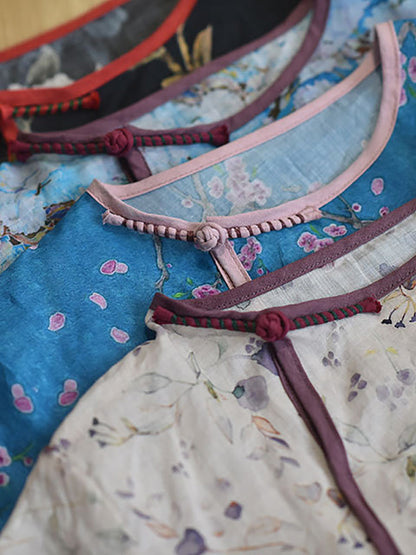 Women Summer Retro 100% Ramie Floral Print Shirt CX038 QYMM