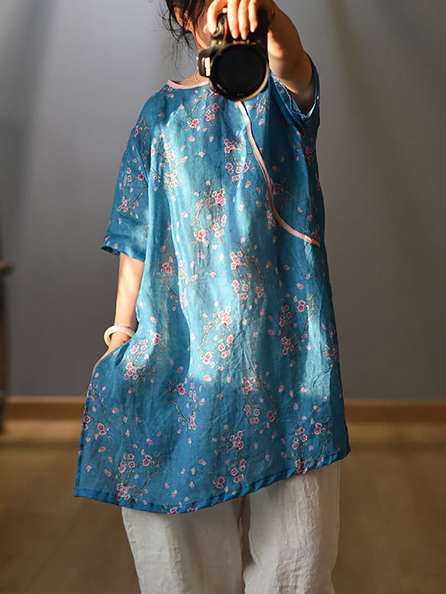 Women Summer Retro 100% Ramie Floral Print Shirt CX038 QYMM