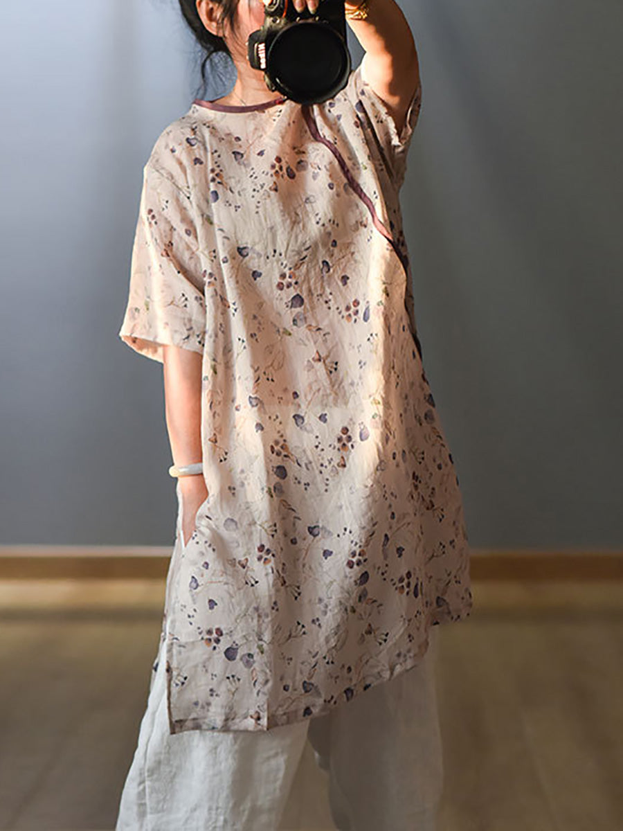 Women Summer Retro 100% Ramie Floral Print Shirt CX038 QYMM