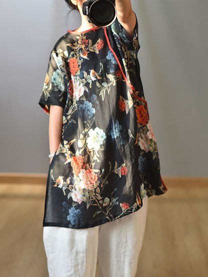 Women Summer Retro 100% Ramie Floral Print Shirt CX038 QYMM