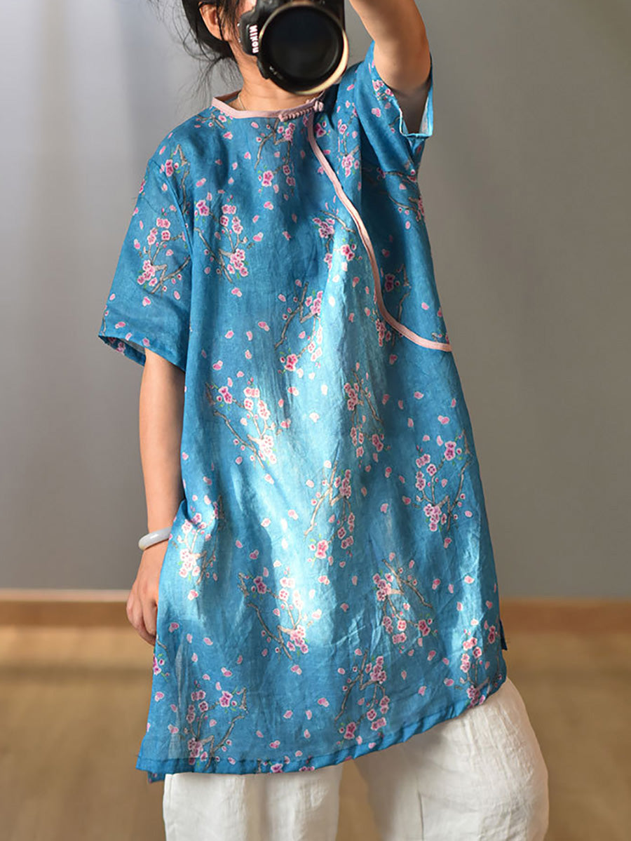 Women Summer Retro 100% Ramie Floral Print Shirt CX038 QYMM