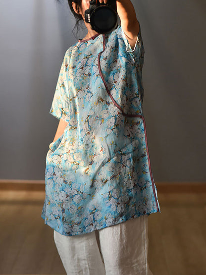 Women Summer Retro 100% Ramie Floral Print Shirt CX038 QYMM