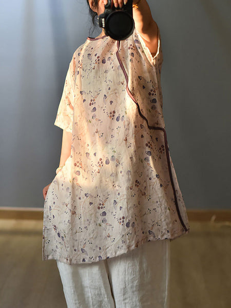 Women Summer Retro 100% Ramie Floral Print Shirt CX038 QYMM