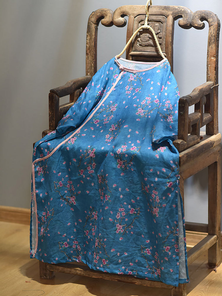 Women Summer Retro 100% Ramie Floral Print Shirt CX038 QYMM