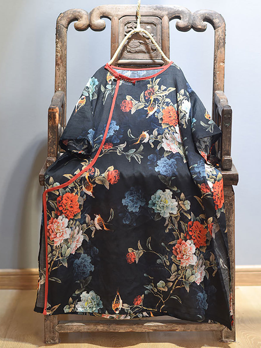 Women Summer Retro 100% Ramie Floral Print Shirt CX038 QYMM