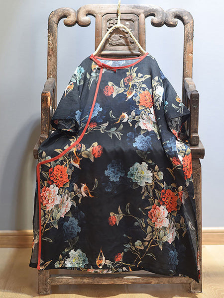 Women Summer Retro 100% Ramie Floral Print Shirt CX038 QYMM