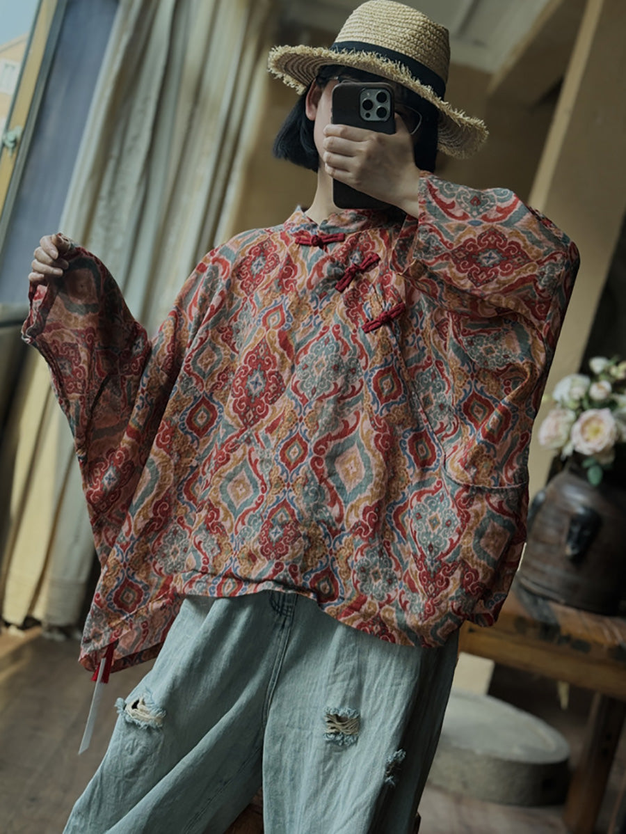 Women Summer Ethnic Print Ramie Loose Shirt CX059 JSHY